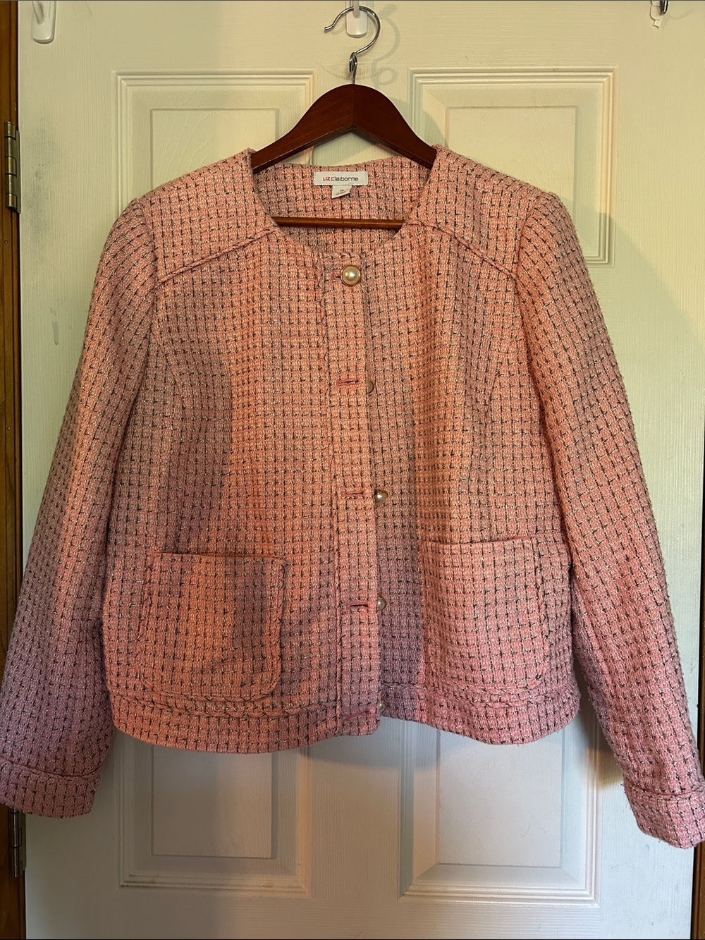 NWOT - Liz Clairborne Pink and Gold Tweed Pearl-Button Jacket